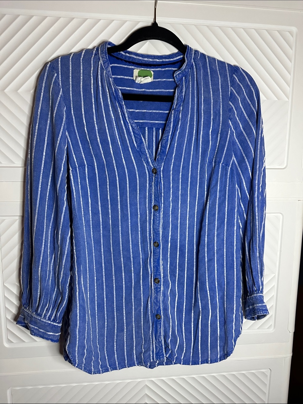Anthropologie Blue and White Striped Collarless Button-Down Top